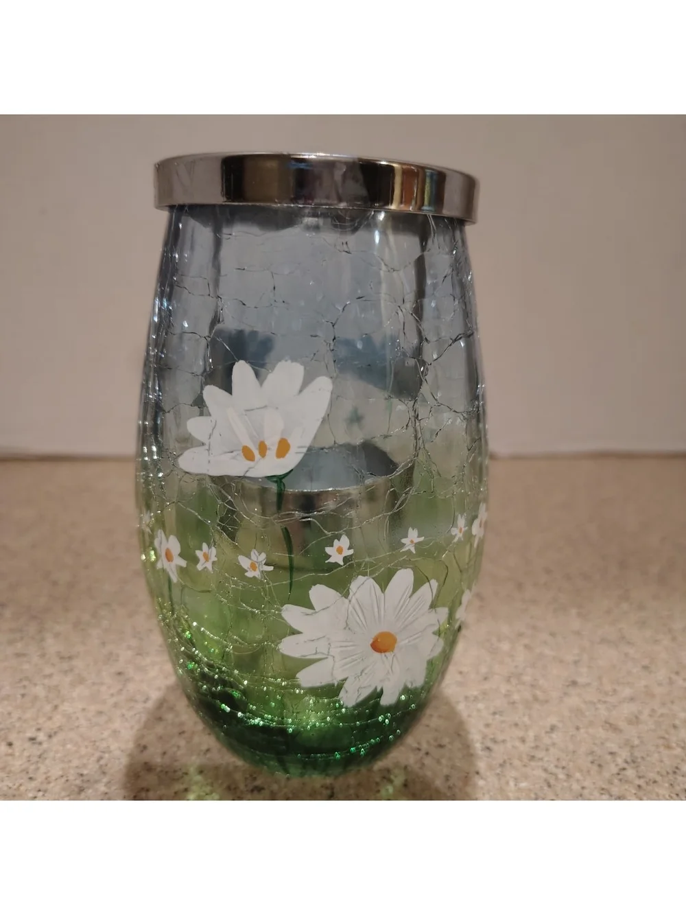 Yankee Candle Green Crackle Glass Floral Candle Holder with Silver Rim